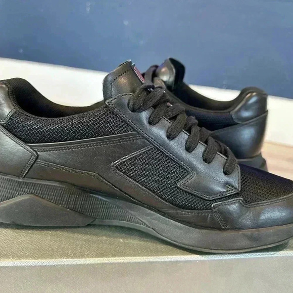 AUTH PRADA AMERICAS CUP SNEAKERS SHOES 4E2816 BLACK LEATHER US 8.5 - Picture 9 of 13